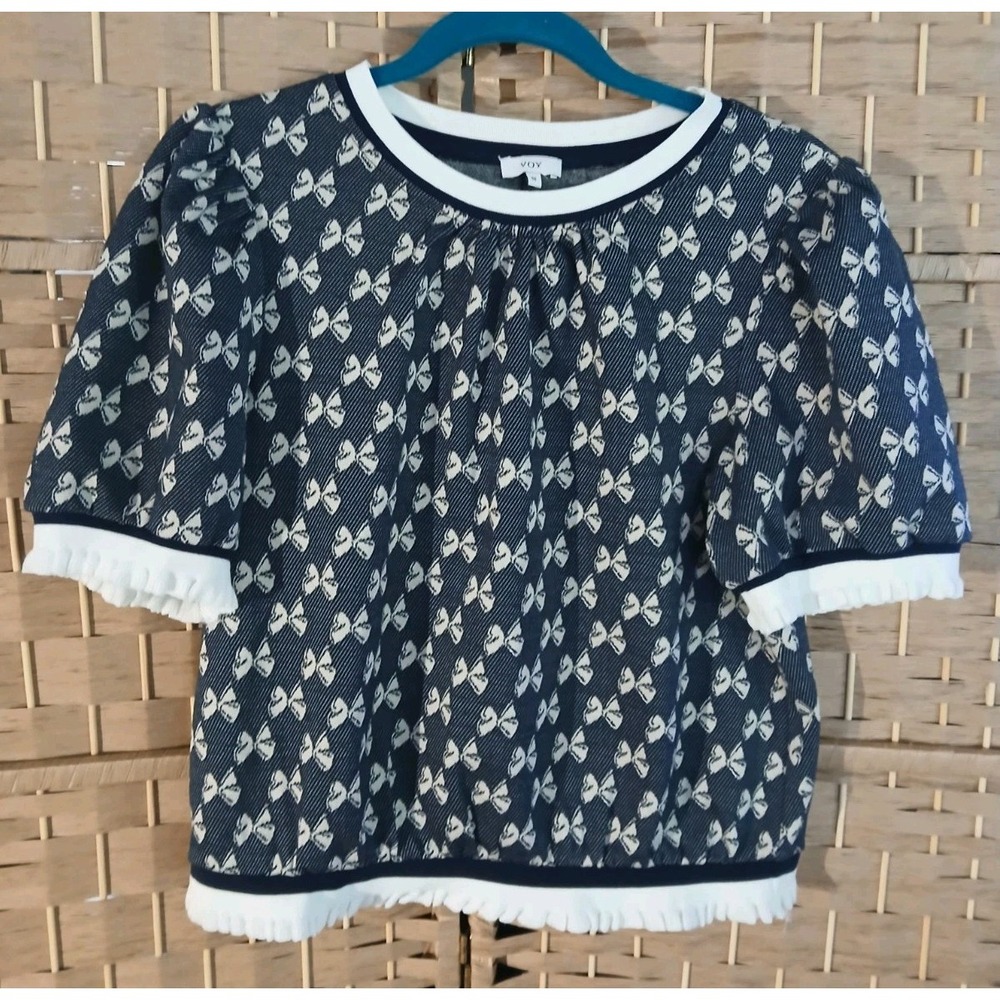 Voy Women's Navy Bow Print Puff Sleeve Top Sz M Ruffle Trim Countrycore